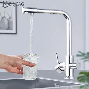 Kitchen Faucets Chrome Pure water Faucet 360 rotation Multifunction filter purification Crane Dual handles Cold Mixer Taps 231030