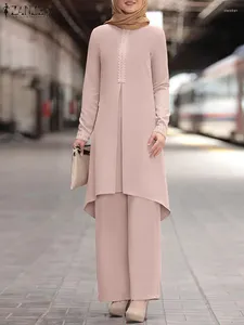 エスニック服2PCSファッションイスラムマロカインイードムバレクイスラム教徒のズボンスーツ女性長袖レースかぎ針編みブラウスパンツセット