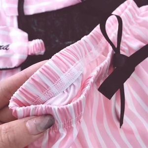 Pink Striped Pajamas Silk Satin Femme Pajama Set 7 Pieces Stitch lingerie Robe pyjamas Women Sleepwear pjs 2009192330