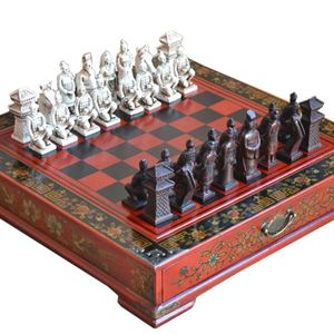 Schackspel klassiska kinesiska terrakotta krigare retro schack trä schackbräda snidande tonåring vuxen brädspel pussel födelsedag present 231031