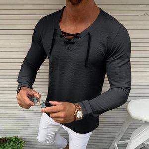 Men's T Shirts V-Neck Shirt Spring Autumn Long Sleeve Tshirt Male Solid Tees Tops Casual Bandage Mens Clothing Outdoor Tee