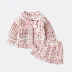 ガールドレスptkpcc女の子の服セット春秋の格子縞のベストレトロアウトウェアコート2 pcsファッションベビーパーティーの衣装