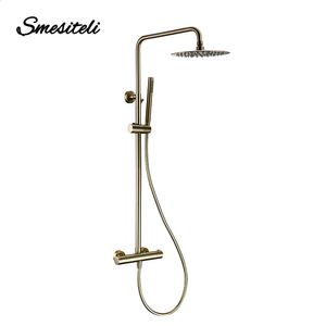 Soffioni doccia da bagno Set termostatico Rubinetto in oro spazzolato Sistema di temperatura in ottone Miscelatore Testa a pioggia Spruzzatore portatile con montaggio a parete 231030