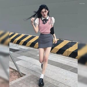 Work Dresses 2023 Korean Version Of The School Uniform Set Female Summer Jk Slim Shirt Vest Skirt Half Three Sets Y2K