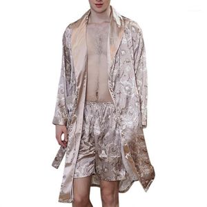 Men Simulation Silk Print Pajamas Lingerie Robe Bathrobe Dressing Gown Man Two-piece Suit Male Sexy Hombre Robe Male Summer1261S