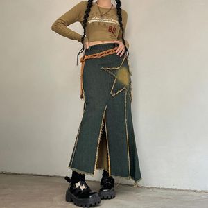 Röcke Damen Autumu Langer Rock Sexy Vintage-Stil Stern-Patch, figurbetont, asymmetrisch, hohe Taille, lässig, Streetwear, Denim, 2023