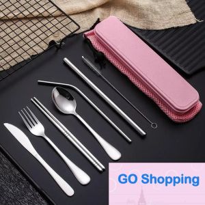 All-match Stainless Steel Flatware Set Portable Cutlery Set For Outdoor Travel Picnic Dinnerware Set Metal Straw With Box And Bag Kitchen Utensil