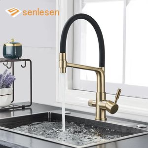 Kitchen Faucets Brushed Golden Sink Faucet Pure Water Filter Mixer Crane Dual Handle Pull Down Purification Cold Tap 231030