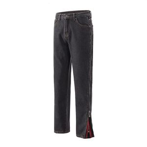 Hose mit seitlichem Reißverschluss, gerade, schwarz gewaschene Jeans für Herren, lässige übergroße Denim-Hose, Unisex, Jean231U