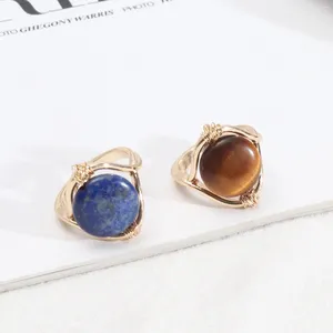 Cluster Rings Copper Wire Wrap Lapis Lazuli Tiger Eye Quartz Natural Stone Fashion Inner Dia 1.7cm Gold Color Brincos Jewelry For Women