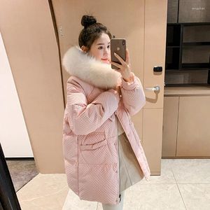 Trench da donna Abiti invernali Moda coreana Dolce allentato Grande collo di pelliccia con cappuccio Addensare caldo rosa Parka Giacca da donna Cappotto imbottito in cotone