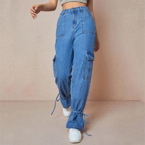 Calças de brim femininas 2023 outono calças femininas carga solta harajuku y2k bolso elástico rasgado perna reta calças jeans chique streetwear