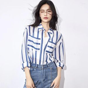 Kvinnor Bluses Chiffon Shirt Stripe Vintage Spring/Summer Polo Neck Fashion Ladies Clothing Printed Loose Longeple Tops