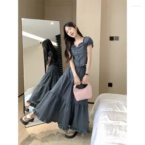 Work Dresses Sweet Girl Suit Women's Summer Edible Tree Patchwork Bubble Sleeve Shirt High Waisted A-line Long Skirt Two-piece Set