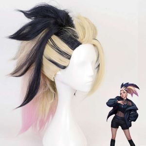 Game LOL KDA the Baddest Akali Role Play Mixed Color Ponytail Heat Resistant Synthetic Hair Halloween Party Cosplay Wig C55M33