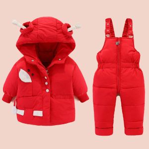 새로운 패션 겨울 어린이 스노우 슈트 소년 의류 세트 어린이 다운 재킷 여자 아기 아기 따뜻한 파카 후드 코트 바지 유아 외투