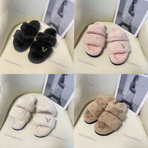 Designer sandaler kvinnor skor solnedgång komfort tofflor platt sandal päls päls sko varma vinter glider metall logotyp toffel damplattform sandal