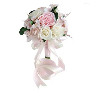 Fiori decorativi Bouquet da sposa per la sposa damigella d'onore Rosa artificiale rosa fiore decorazione festa nastro di seta