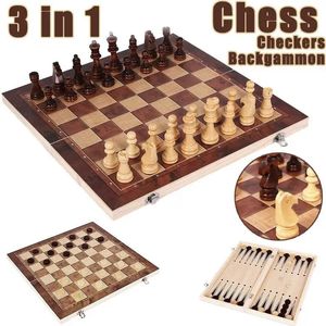 Schachspiele 3-in-1-Schachbrett, zusammenklappbar, tragbares Schachspielbrett aus Holz, Schachbrett aus Holz für Erwachsene, Schach, Dame und Backgammon, 231031