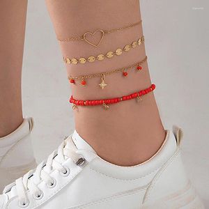 Anklets Romantic Classic Heart Star Anklet Set for Women Girl Charms Red Beads Geometric Multilayer Foot Chains SMYELLT 24879