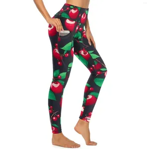 Women's Leggings Cute Cherries Print Yoga Pants Pockets Green Leaves Sexy High Waist Elegant Sport Legging Stretch Gym Leggins