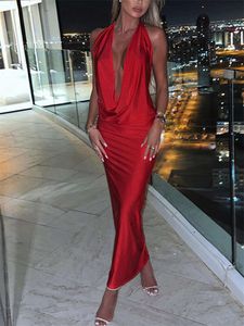 V Neck Satin Slim Vestidos för kvinnor Röd halter Backless Sexig Evening Party Clubwear Dresses Ladies Bodycon Maxi Dress