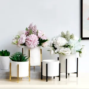Vaser nordiskt modernt ljus lyxiga saftiga växtkrukor med metall stöd hem dekor vit bord liten keramisk blommvas