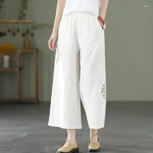 Women's Pants Vintage Embroidered Cotton Linen Wide Leg Summer Elegant Solid Cropped High Waist Loose Straight Trousers