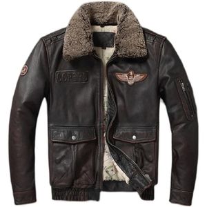 Mens Leather Faux Vintage Genuine Jacket Men Flight Jackets Natural Fur Collar Aviation Bomber Coats Motorcycle Biker 231030