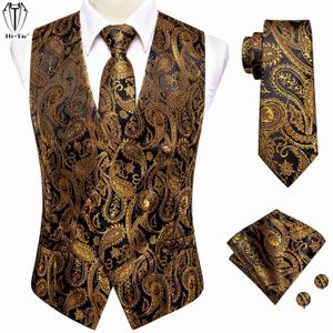 Mäns västar designer Jacquard Silk Mens Wedding Vest Tie Set ärmlös guld svart västerländsk västjacka slips ficka manschettknappar yq231031