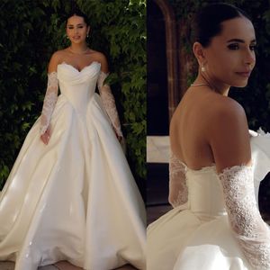 Elegant Shine Satin A-Line Wedding Dresses Sexy V-Neck Ball Gown Pleated Lace Brush Train Bridal Gowns Dress Plus Size Customized D-H23537