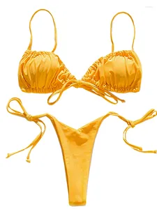 Mulheres Swimwear In-X Bikini Clearance Sólido Swimsuit Mulheres 2 Peça Amarelo Micro Push Up Thong 2023 Terno de banho