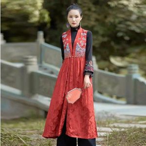 여성용 조끼 민족 스타일 가을 겨울 중국 복고풍 자수 개선 된 조끼 재킷 카디건 바람발기 코트 A- 라인 드레스 Z3164