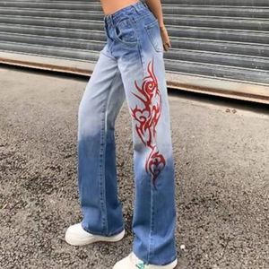 Jeans da donna Flame Print Gradient Slim Pantaloni a gamba dritta da donna S Crossover europeo e americano progettato per lo stile