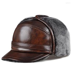 Berets Male Winter Warm Ear Protection Bomber Hat Man Genuine Leather Faux Fur Inside Black/Brown Ultra Large Size 54-62cm Caps