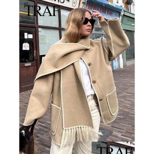 Wełna Women mieszanki wełny damskiej Traf Winter Women Woolen Płaszcz Work Work Frędzle z szalikiem Kieszeń z długim rękawem Otbmx