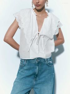 Kvinnors blusar Sommarkläder för kvinnors toppar 2023 Street Style Layered Embroiery Cotton Blus Woman V Neck slips Cap Hylsa topp