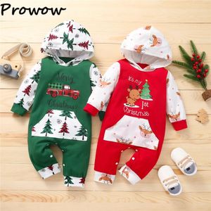 Rompers Prowow My First Christmas Baby Romper Xmas Tree Print Hooded kombinezon dla Borns Year Costume 231030