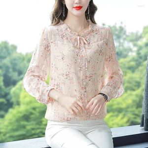 Kvinnors blusar Spring Autumn Long-Sleeved Chiffon Shirt Floral Lace-Up Camisas Blue Women Stringy Selvedge Print Tops 961H