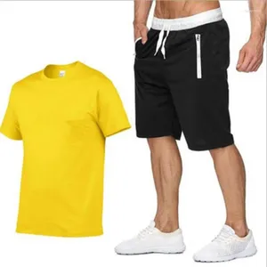 Мужские спортивные костюмы 2023, хлопок, лето 2023, комплект из двух предметов, мужская футболка с коротким рукавом, укороченный топ 5CC
