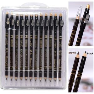 Ögonbrynsförstärkare 12st/Lot Double-End Eyebrow Pencil 2 i 1 Brun Black Eye Brow med penna Sharpener Waterproof Eyeliner Pen Makeup Cosmetic 231030