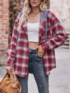 Mulheres misturas de lã feminina oversized xadrez flanela camisa com capuz manga longa lapela jaqueta casaco casual estilo namorado botão encerramento 231031