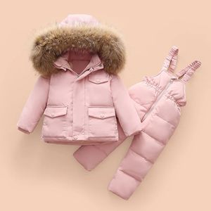 Set di abbigliamento OLEKID Piumino invernale da 30 gradi Russia per ragazze Collo in vera pelliccia Capispalla per bambini Tuta per bambini Ragazzi Parka Tuta 231031