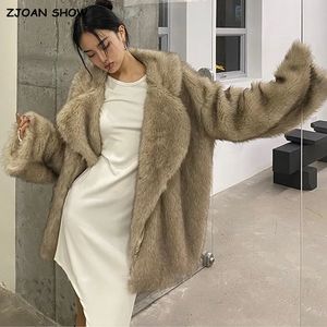 Womens Fur Faux High Quality Winter Large Lapel Coat Long Sleeve Warm Shaggy Jacket Löst kontrast Färgtips 231031