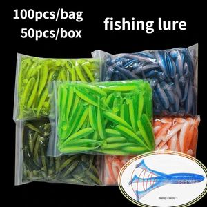 Balıkçılık Aksesuarları Toptan 50 PCS Kutusu 100 PCS Torba 5.5cm Solucan Lure Mandarin Balık T Kuyruk Yumuşak Yem Takımı Yem Yapay PVA 231030