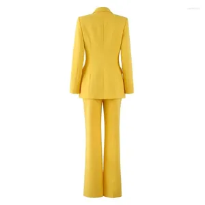 Calças femininas de duas peças 2023 calças amarelas blazer 2 ternos mulheres casual escritório senhora dupla breasted manga longa conjunto roupas