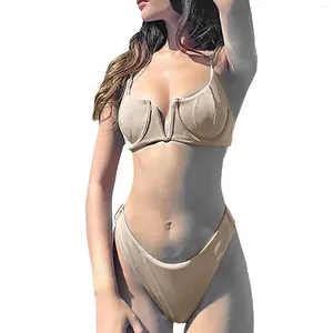 Kadın mayo düz renk seksi, göğüs pedi bölünmüş mayo olmadan çelik destek ile