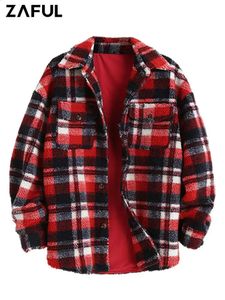 Herrjackor Plaid jacka för män fluffiga fleece-skjorta jacka med fickknapp faux päls sherpa streetwear topcoats z4738534 231030