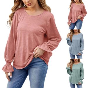 Kvinnors blusar Casual Crewneck Solid Color Women T Shirts Tops For Leggings Ruffle Smocked Long Sleeve Cotton Blusas