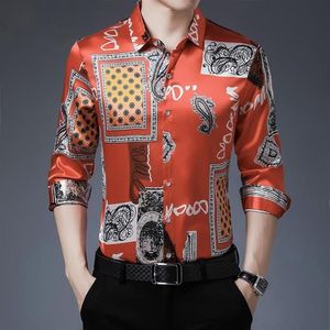 Camisas casuais masculinas 2021 masculino mens floral impresso padrões vintage homem vestido de cetim manga longa roupas de seda estilo militar sh279k